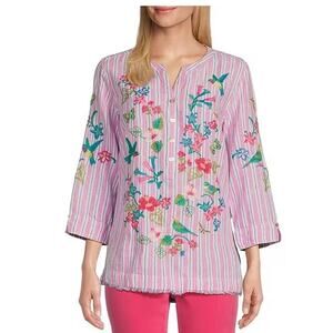 John Mark Hummingbird Pink Stripe Linen Embroidered 3/4 Sleeve Tunic sz M